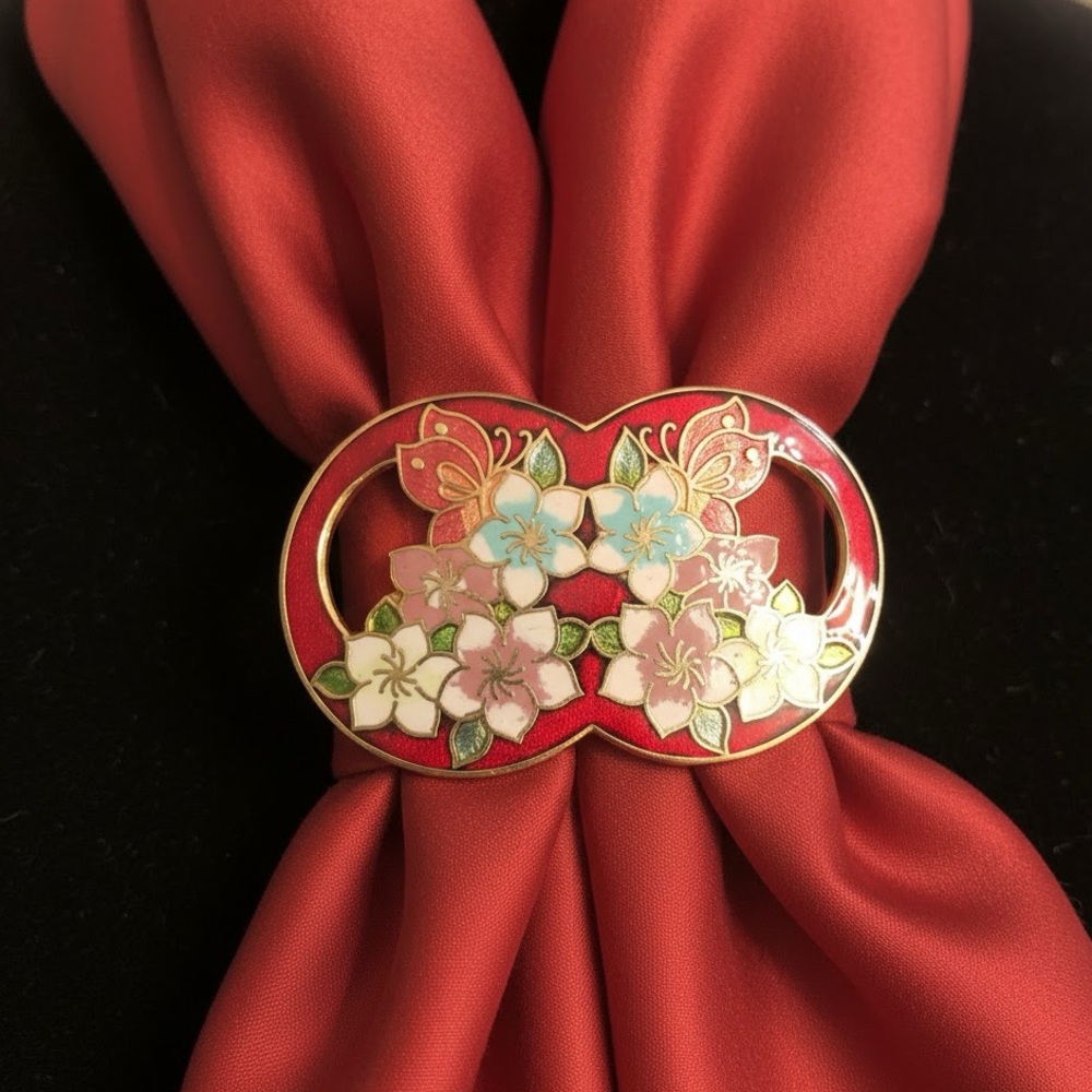 Beautiful red enamel scarf ring with butterflies flowers SCARF RING CLOISONNÉ 2”